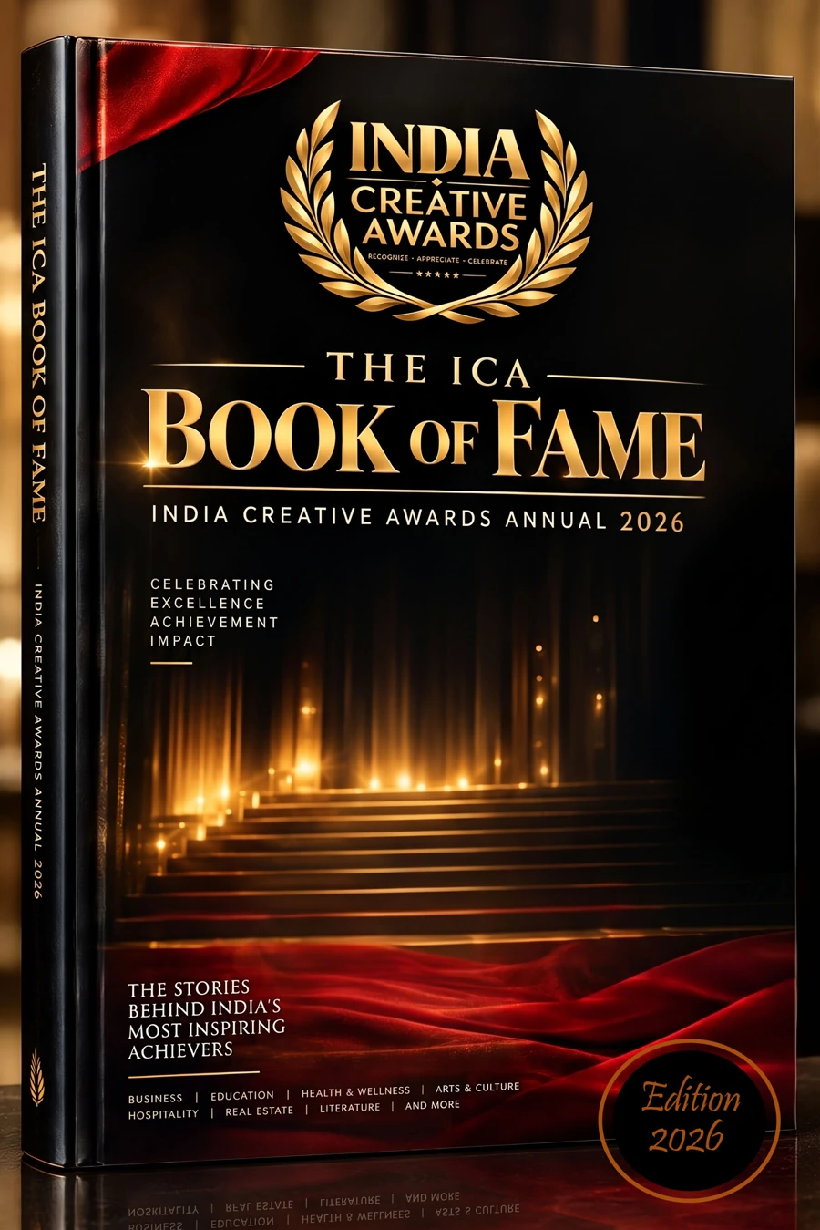 The ICA Book of Fame, India Creative Awards Annual 2026: black hardcover with a gold laurel emblem and red silk